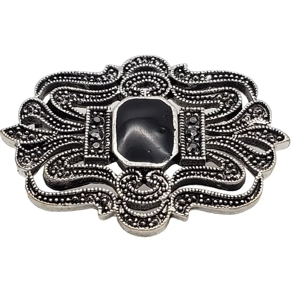Black Enamel Silver Tone Brooch Faux Marcasite Pin‎ Vintage 1970s Jewelry